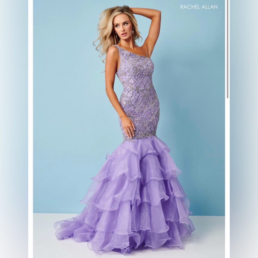 Rachel Allan Lavender One-Shoulder Ruffled Mermaid Gown